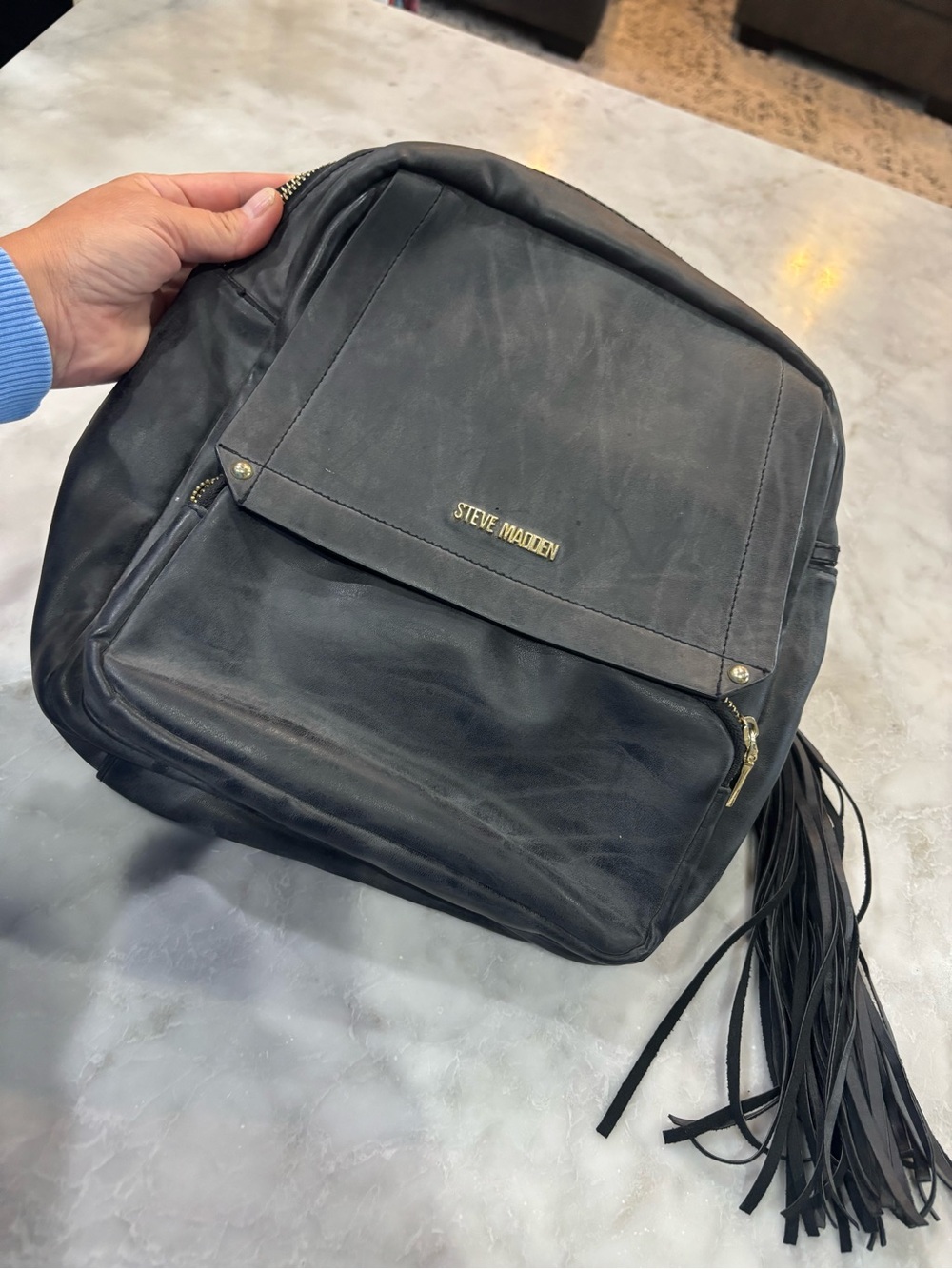 Steve Madden Black Leather Fringe Zip Backpack